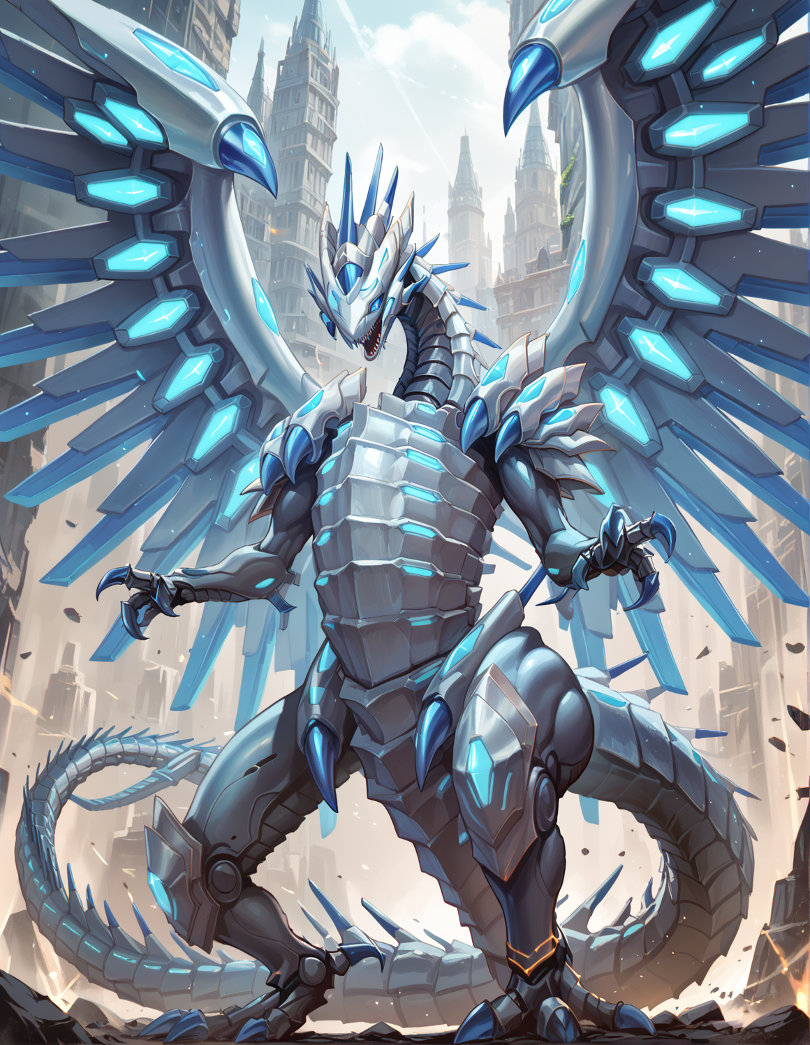 (score_9:0.9),score_8_up,score_7_up,rating_safe,anime style,(zPDXL),(zPDXL3),
<lora:blue eye chaos max dragon ponyXL v1.2:0.79>,mecha dragon,blue eye chaos max dragon,solo,standing,sharp teeth,looking at viewer,spread wings,no iris,