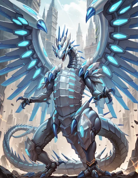 (score_9:0.9),score_8_up,score_7_up,rating_safe,anime style,(zPDXL),(zPDXL3),
<lora:blue eye chaos max dragon ponyXL v1.2:0.79>,mecha dragon,blue eye chaos max dragon,solo,standing,sharp teeth,looking at viewer,spread wings,no iris,