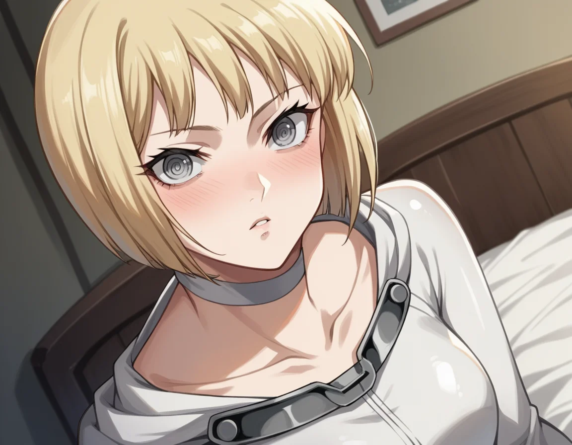 score_9, score_8_up, score_7_up, source_anime,
claymoreclaire, <lora:claymore-claire-s1-ponyxl-lora-nochekaiser:1>,
claire, short hair, blonde hair, grey eyes, bob cut, pale skin, white skin, ringed eyes,
choker, bodysuit, white bodysuit, collarbone, long sleeves,
indoors, bed, bed room, on side, blush, drunk,
solo, looking at viewer, cowboy shot, dutch angle,