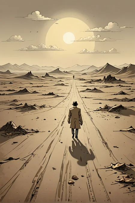 (absurd caricature), A solitary figure, wandering through a desolate landscape.