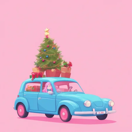 blue background, potted plant, christmas, motor vehicle, pink hair