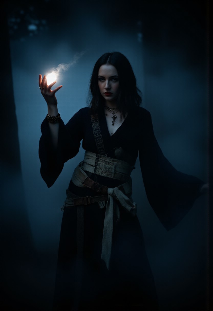 f0rtun3, A hauntingly beautiful full-body portrait of a shaman woman standing in a shadowy, enchanted forest under a moonless sky. She strikes a dramatic, powerful pose, her silhouette partially illuminated by faint, ghostly blue light seeping through the swirling mist. Her robes are tattered yet regal, embroidered with dark runes and symbols. Bones, feathers, and ancient amulets adorn her, whispering of forgotten magic. Her piercing eyes glow faintly, exuding an aura of mystery and dominance. The scene is captured in high-end, dark, cinematic photography, with deep shadows, muted tones, and an intense, almost supernatural atmosphere — an eerie, spellbinding masterpiece.