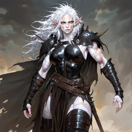 masterpiece, best quality, newest, absurdres, highres, DMIXV1.0, 1girl, pale, white skin, colored skin, pale skin, elf, pointy ears, muscular woman, armor, cape, leather armor, scar, scars on face, white hair, long hair, messy hair, black armor, black leather, blue eyes,