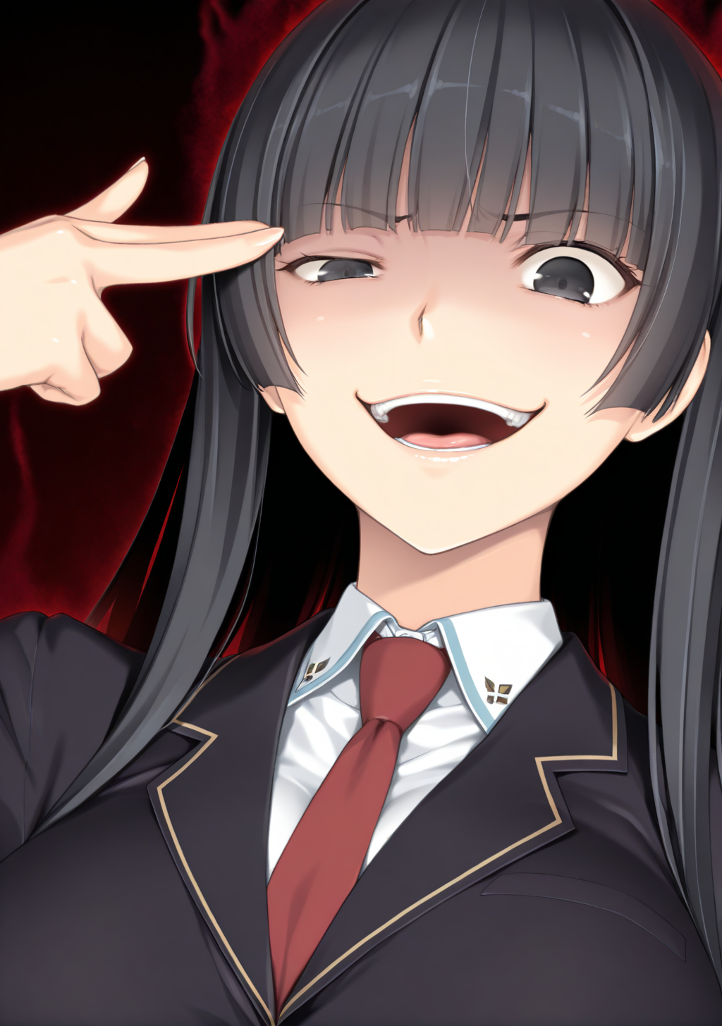 masterpiece, best quality, absurdres, perfect lighting,shiny skin,<lora:StS-Illustrious-Detail-Slider-v1.0:3>,<lora:illustrious_noobai_epsilon_pred_1_best_quality_v1:1>,1girl,large breasts,shizuku, black hair, long hair,blazer ,blunt bangs,black eyes,<lora:shizuku:0.9>,school uniform,red necktie,gesugao, evil smile,parted lips,glowing eyes,<lora:gesugao:1>,dark background, abstract background,extreme close-up, dark aura,upper body,uneven eyes,open mouth, tongue,finger gun to head
