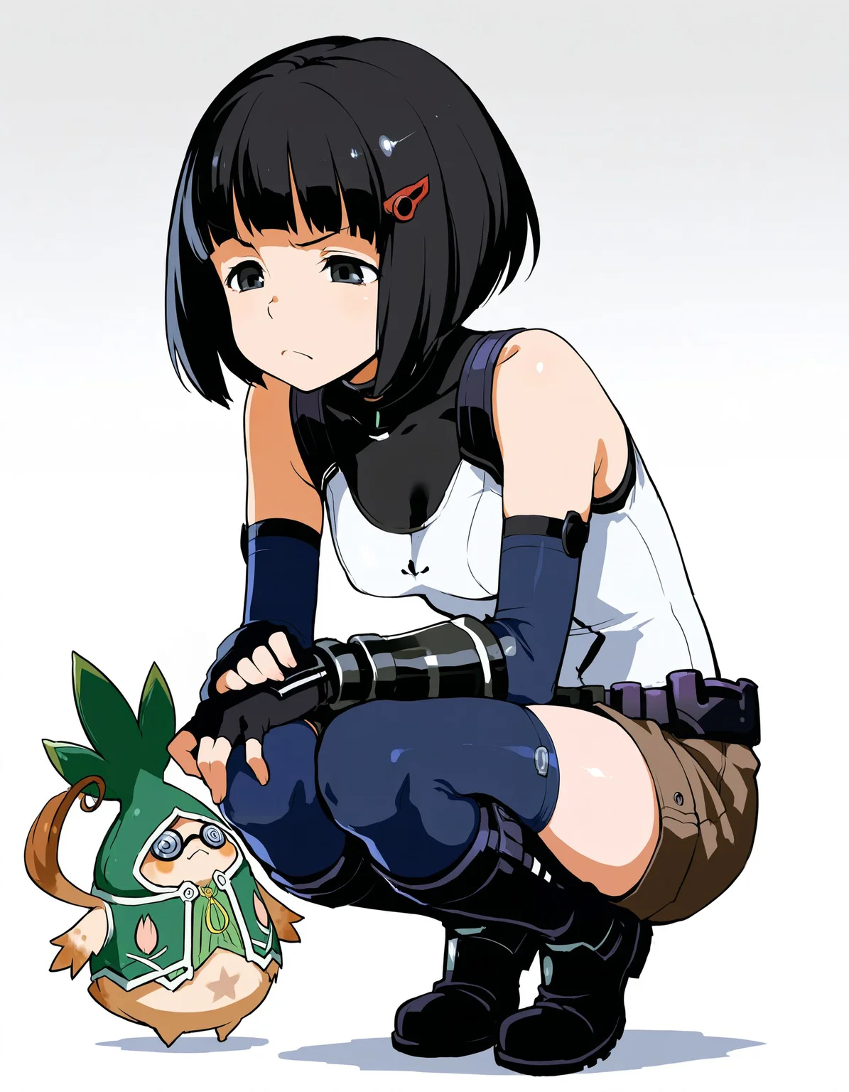 1girl,<lora:lin lee koo 2units_illustriousXL:0.8>,lin lee koo,black eyes,hairclip,elbow gloves,fingerless gloves,gauntlets,white shirt,belt,brown shorts,blue thighhighs,knee boots,full body,frown,squatting,nopon,coke-bottle glasses,masterpiece,best quality,amazing quality,