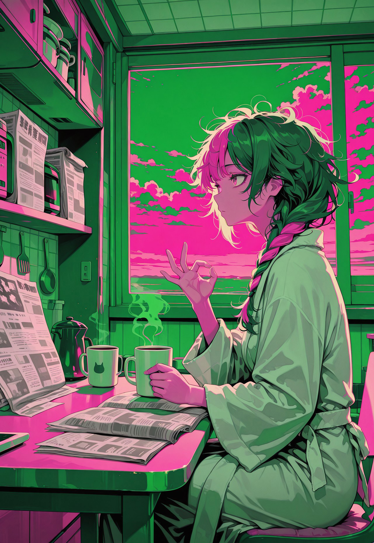1girl, solo, limited palette, pink, green, from side, sitting, at table, kitchen, newspaper, coffee mug, looking afar, pensive, bathrobe, morning, backlighting, ok sign,
split-color hair, single braid, long hair, messy hair, [hair over shoulder],
looking outside, psychedelic sky,
masterpiece, best quality, absurdres, [dynamic pose], 