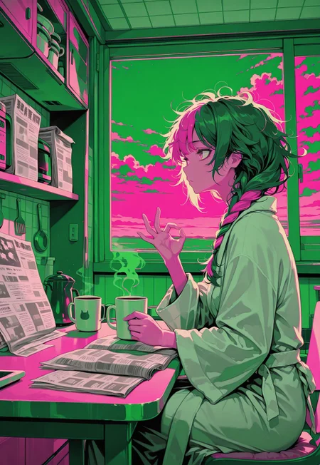 1girl, solo, limited palette, pink, green, from side, sitting, at table, kitchen, newspaper, coffee mug, looking afar, pensive, bathrobe, morning, backlighting, ok sign,
split-color hair, single braid, long hair, messy hair, [hair over shoulder],
looking outside, psychedelic sky,
masterpiece, best quality, absurdres, [dynamic pose], 