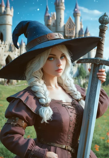 safe_pos, young woman, solo, Looking at viewer, Masterpiece a stunning female witch, ((full clothed witch outfit with armor, witch hat)), Blue eyes, long bob white hair with bangs, Dynamic action pose,
(Holding a huge sword:1.5)
Background: (Medieval castle, night sky: 1.9)
score_9, score_8_up, score_7_up, score_6_up, source_cartoon, rating_explicit, Expressiveh, (((((upper body))))), dynamic pose
<lora:Dynamic Poses:1>
<lora:detailed_notrigger:1>
(((full clothed)))