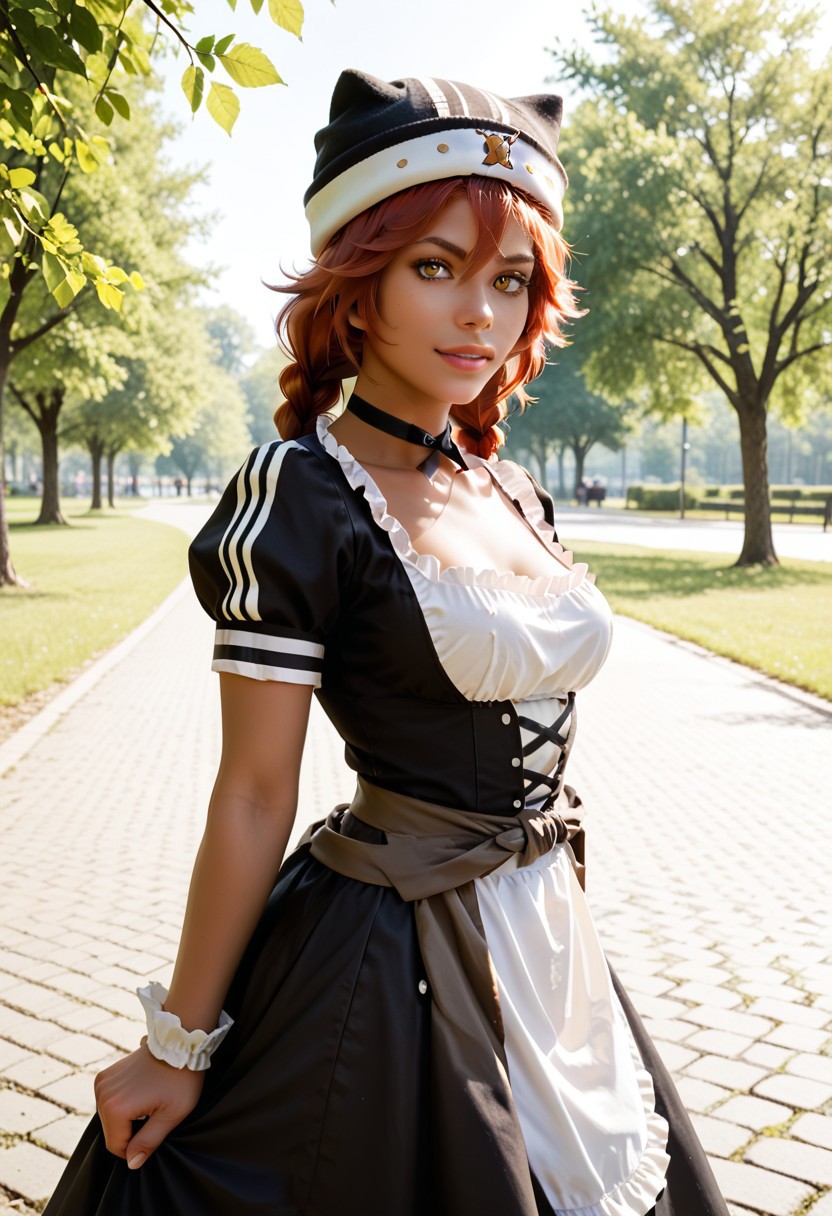 score_9, score_8_up, score_7_up, score_6_up, score_5_up, score_4_up, ((lupusregina beta)), (brown skin:1.3), yellow eyes, red hair, twin braids, black headwear, hat, solo, maid dress, maid skirt, black choker BREAK park, angled shot, dynamic pose, dynamic angle