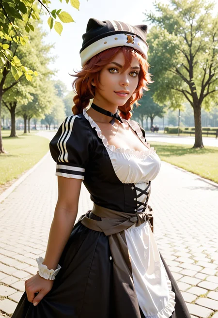 score_9, score_8_up, score_7_up, score_6_up, score_5_up, score_4_up, ((lupusregina beta)), (brown skin:1.3), yellow eyes, red hair, twin braids, black headwear, hat, solo, maid dress, maid skirt, black choker BREAK park, angled shot, dynamic pose, dynamic angle