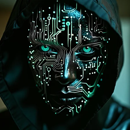 (By Larry Carlson:100) Super face Closeup Portrait,(cyberpunk face augmentation:1.45), (black color circuit board glowing tattoos:1.5 on face), epic skin detailes, Sci-fi Darkness , a quiet Fighter, feudal Ninja,, robotic shinobi suit, (style Jeremy Geddes:1.35) , Satin texture, (Glitchy:1.5) (Foggy:1.35), (Harsh lighting:1.4)
