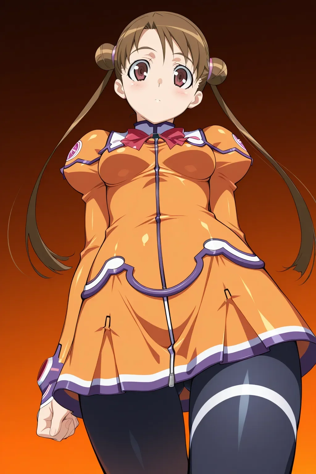 masterpiece, best quality, stellvia_katase_shima_ilxl, 1girl, solo, <lora:stellvia_katase_shima_ilxl:0.9>, orange shirt, orange skirt, from below, looking at viewer, from front