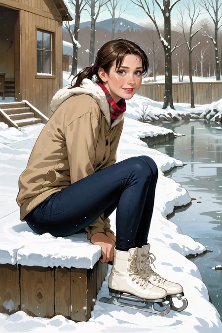 score_9_up, score_8_up, score_7_up, frozen lake surrounded by snow-covered trees, the surface glistening like glass under the soft light of a pale winter sun, faint trails of animal footprints crisscrossing the snowy banks, creating a tranquil and pristine atmosphere BREAK charming woman, shoulder-length dark brown hair tied back in a loose ponytail, her cheeks flushed from the cold, sitting on the edge of a wooden dock dusted with snow, lacing up a pair of ice skates with a soft, focused expression, exuding quiet determination and grace BREAK the serene beauty of the frozen landscape combined with her calm and thoughtful presence creates a moment of delicate harmony in the winter setting