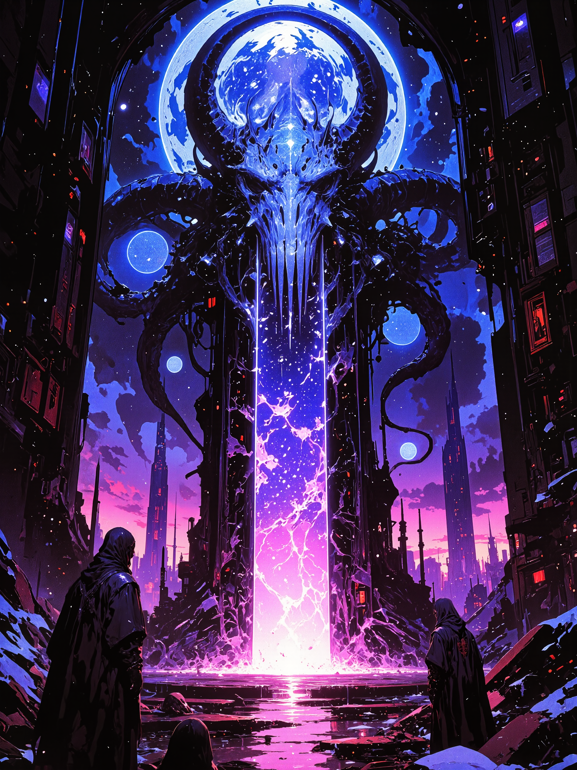 famous award-winning sci-fi painting, masterwork, best quality, high resolution, hyper-realistic, photo-realistic, ultra detailed, uhd, 8k, 4k, epic, highly aesthetic, dramatic, accurate, at night, dim lighting, entering your final hour, feel the cold, the demon's touch, the cosmic order now profoundly disturbed, in a moment's over shadowing of the light, here be dragons, here be death, here be the somber that have felt the devil's breath, ominous iridescent monolith, heaving void, portal of lost souls, cyclopean structures, cold hues, neon hues, lovecraftian, cthulhu mythos, ovg, amanoer, mi2655, an1mel1nes, <lora:style-yoshitaka_amano-elden_ring-flux-by_alicient:0.44> <lora:style-retro_anime-flux-by_lizardman245:0.56> <lora:style-ethereal_dark-midjourney-flux-by_gedogfx:0.48> <lora:style-mythic_fantasy-anime_lines-flux-by_velvets:0.52>