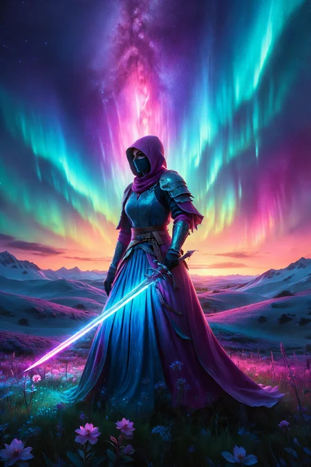 stealthy rogue with radiant dagger, morph-aurora, twilight meadow with soft hues, detailed background, best quality, vibrant colors, photorealistic style, high detail, hyper-realistic, highres, 4K resolution, realistic photo, masterpiece, ultra-detailed, northern glow, blues and pinks, ethereal glow, overhead shot, <lora:add-detail-xl:1> <lora:aurora_0_100_V1-000009:0.65>