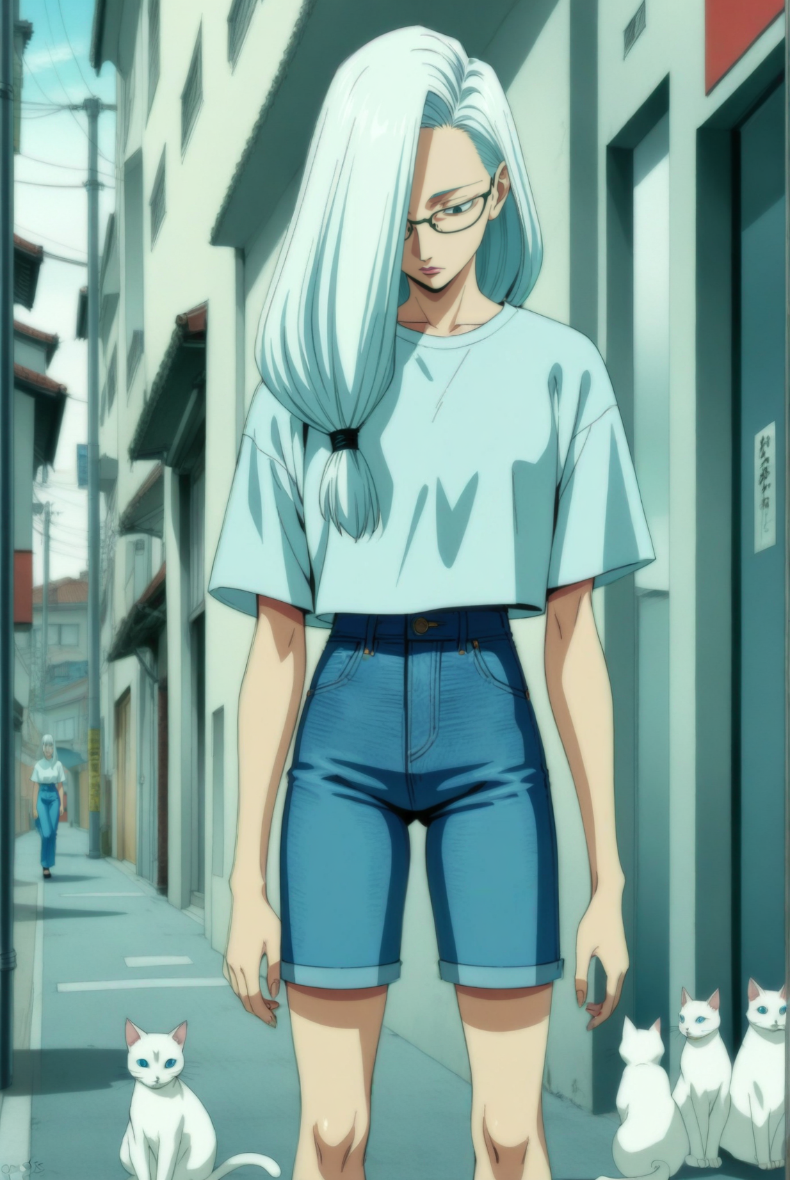1girl, mei mei \(jujutsu kaisen\), jujutsu kaisen , (90s anime style:1.5), front view, outdoors, street view, (looking down:1.3), perfecteyes, shirt, denim shorts, (a single white cat sitting next to them) <lora:detailed_notrigger:1> <lora:ParchartXL_CODA:0.2> <lora:Isometric Cutaway:1> <lora:PerfectEyesXL:1> <lora:Surreal Harmony:0.2>