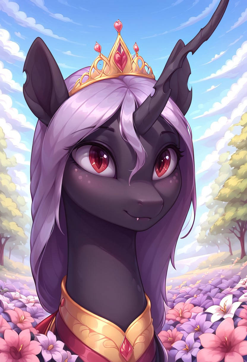 masterpiece, score_9, score_8_up, score_7_up, (best quality:1.1), ultra-detailed, high resolution, solo, Queen Gytha, changeling, feral, holey hoofs, ragged ears, crooked horn, insect wings, black skin, pink freckles, very light purple membrane hair, very light purple membrane tail, black eyebrows, (((beautiful detailed red eyes))), Highly Visible, cute, portrait of a leader, modest ruler outfit, sharp focus, perfect lighting, beautiful eyes, eyelashes, anatomically correct, extremely detailed, high detail, cute face, delicate smile, expressive, flowery meadow, flowers, bright day, natural setting, beautiful nature, serene environment, detailed background, zPDXL2