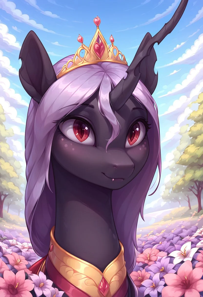 masterpiece, score_9, score_8_up, score_7_up, (best quality:1.1), ultra-detailed, high resolution, solo, Queen Gytha, changeling, feral, holey hoofs, ragged ears, crooked horn, insect wings, black skin, pink freckles, very light purple membrane hair, very light purple membrane tail, black eyebrows, (((beautiful detailed red eyes))), Highly Visible, cute, portrait of a leader, modest ruler outfit, sharp focus, perfect lighting, beautiful eyes, eyelashes, anatomically correct, extremely detailed, high detail, cute face, delicate smile, expressive, flowery meadow, flowers, bright day, natural setting, beautiful nature, serene environment, detailed background, zPDXL2