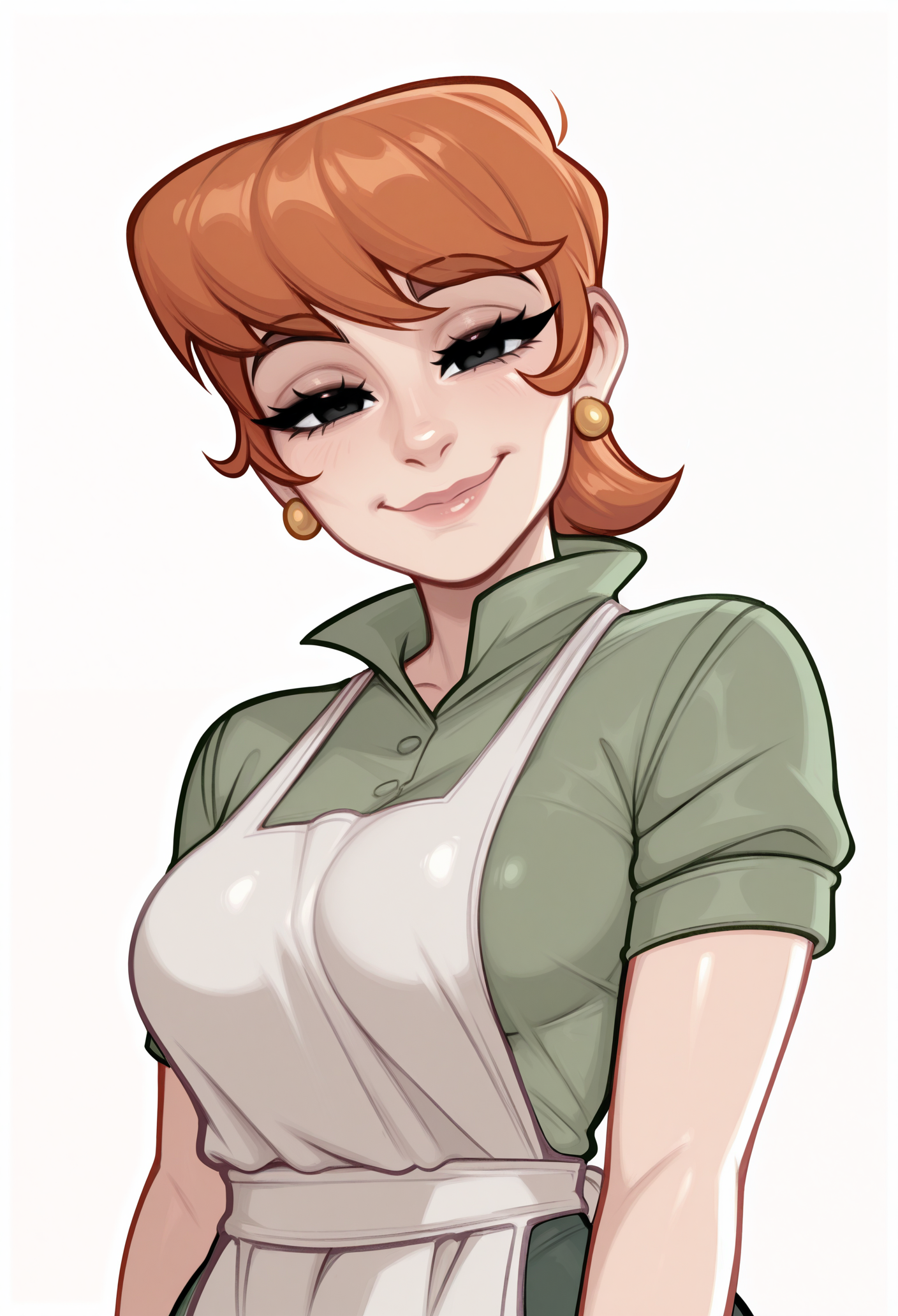 1girl, solo, white background, smile, looking at viewer, portrait, 
orange hair, short hair, black eyes, earrings, mature female, 
apron, short sleeves, green shirt, 
masterpiece, best quality, <lora:dextersmom-guy90-Illust-LoraV2:1>, momxed, <lora:Blushyspicy-guy90-IllustriousV101:1>, yciblu