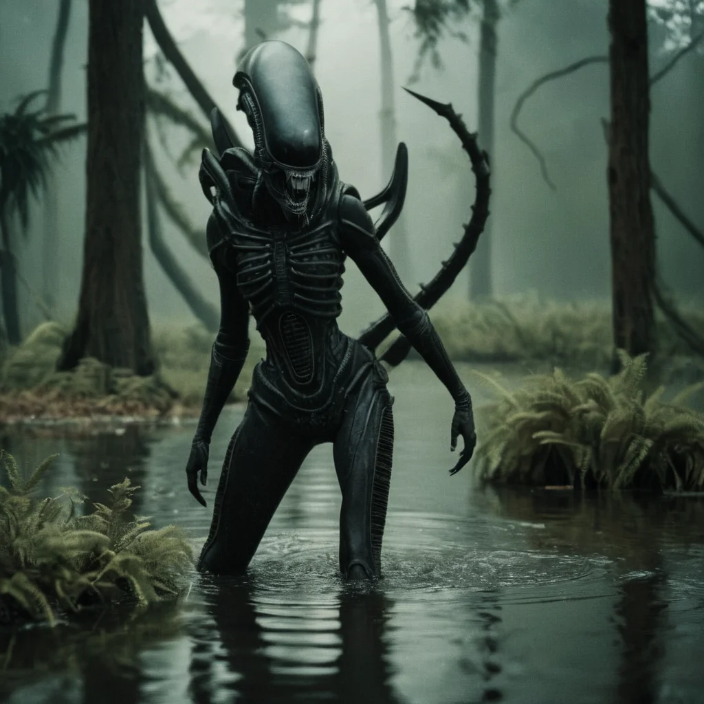 cinematic film still of <lora:Xenomorph v2:0.9>
Xenomorph a female alien with a large breast is standing in a swamp,endoparasitoid extraterrestrial species,1girl,solo,breasts,large breasts,navel,nipples,standing,nude,outdoors,teeth,pussy,water,tree,colored skin,thick thighs,abs,sharp teeth,monster girl,genderswap,nature,wading,wide hips,forest,toned , horror themed, dark themed, cinematic, film still, xenomorph style, shallow depth of field, vignette, highly detailed, high budget, bokeh, cinemascope, moody, epic, gorgeous, film grain, grainy