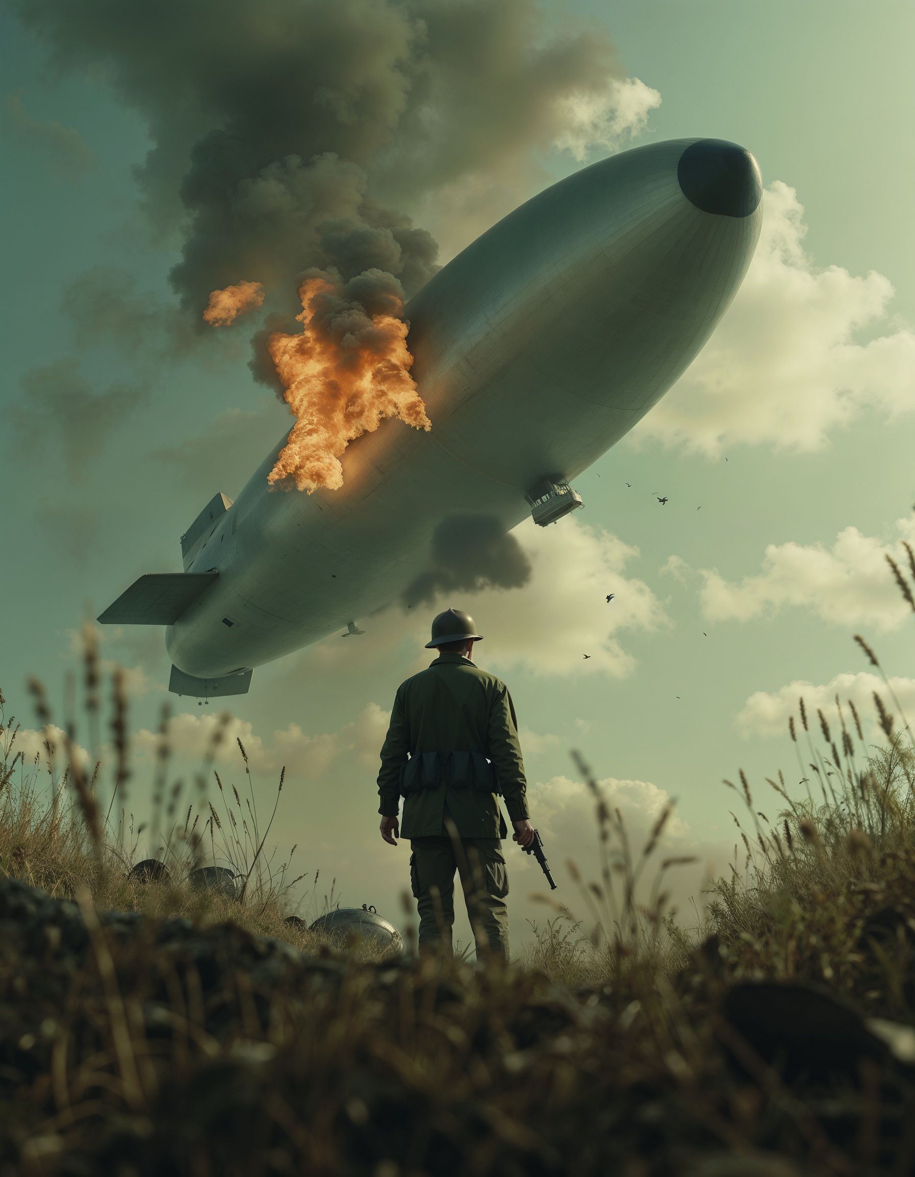 Cinematic scene of the back of a solider standing in shock looking up, pistol in hand to the side,  
in the sky is a giant 1920s military blimp on fire and falling down, particle and pieces from the blimp falling down, smoke,  war scene, fire, destruction, 
directed by Wes Anderson
 <lora:Dark Cinematic:1> DRK