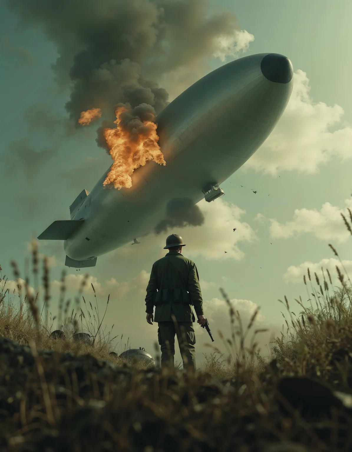 Cinematic scene of the back of a solider standing in shock looking up, pistol in hand to the side,  
in the sky is a giant 1920s military blimp on fire and falling down, particle and pieces from the blimp falling down, smoke,  war scene, fire, destruction, 
directed by Wes Anderson
 <lora:Dark Cinematic:1> DRK