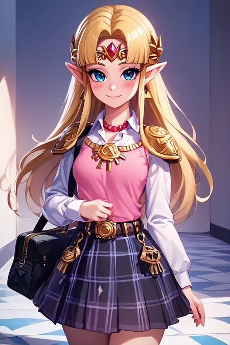score_9, score_8_up, score_8, medium breasts, (curvy), cute, eyelashes,       BREAK, , zzUZelda, blonde hair, jewelry, dress, pink tabard, triforce, circlet, armor, earrings, necklace, shoulder armor, tiara, <lora:UltimatePrincessZelda_PDXL_v1:0.8>,, BREAK, closed mouth, alternate costume, smile, looking at viewer, collared shirt, blush, sweater, black skirt, eyelashes, long sleeves, sleeves past wrists, plaid skirt, shoulder bag, black bag, blurry, tile floor, pleated skirt, white shirt, cowboy shot,  embedding:zPDXL, Expressiveh,  <lora:Vivid:0.7>,  <lora:LFashionPDXL:1>,  <lora:Uncensored_PonyXL_cpt_v02.09:0.4>,  <lora:Expressive_H-000001:0.4>,
