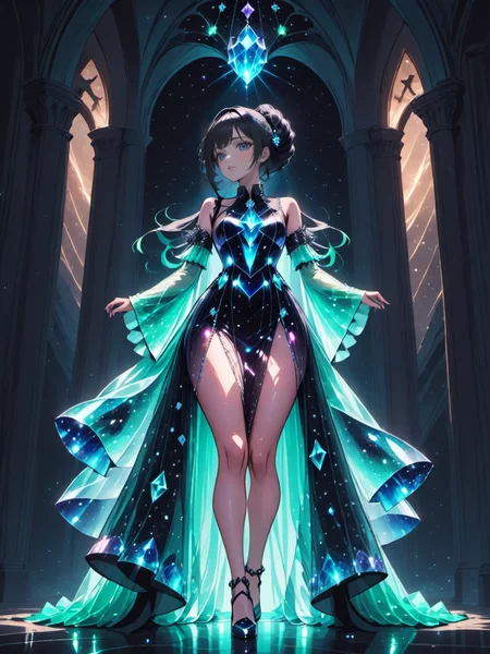Gothic style a beautiful woman wearing a ((crystalline dress,bioluminescent dress)) Arching in Super-Earth planet, <lora:xl_n15g_aio_clothing-2.0:1>, realistic, vibrant, vivid, [full body],
Overhead Shot, from side, [full body],
crazy,
Mohawk,
Bell Sleeve Top,
Black hair, . Dark, mysterious, haunting, dramatic, ornate, detailed