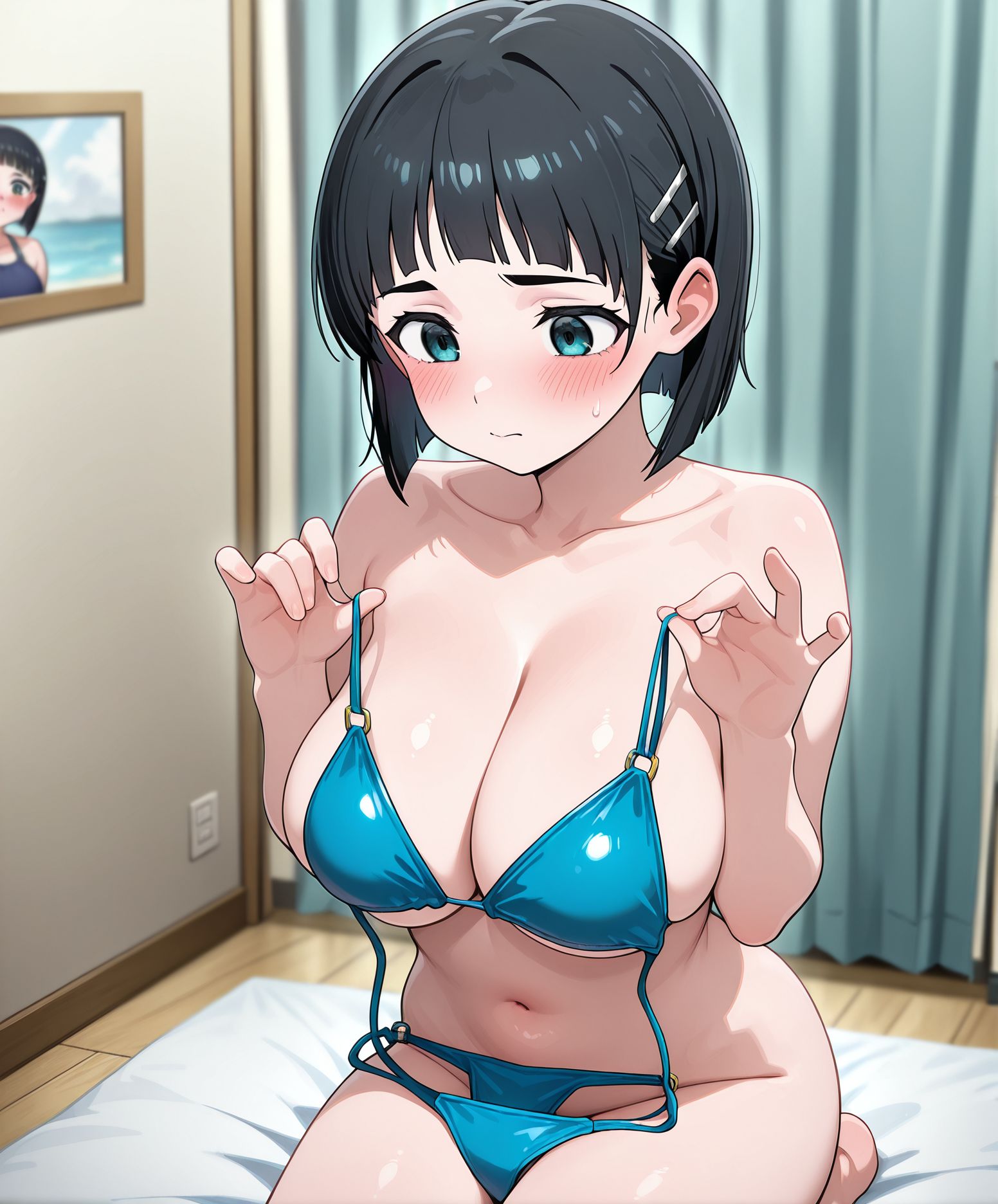 masterpiece,best quality,amazing quality,very aesthetic,absurdres,newest, huge filesize,
<lora:spo_sdxl_10ep_4k-data_lora_webui:0.5>,anime coloring,
<lora:add-detail-xl:1>
<lora:hanger_r1:1>hanger_v1,
1girl,
breasts,
solo,blush,
swimsuit,sitting,
seiza,collarbone,
cleavage,indoors,
holding swimsuits,
completely nude, 
kirigaya suguha,