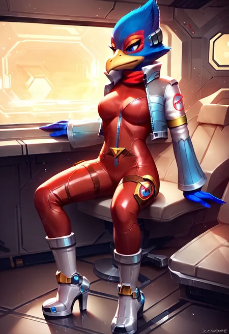 score_9, score_8_up, score_7_up, dcore_6_up, <lora:Falco_Lombardi:1> 1girl, solo, Falco lombardi, inside spaceship, beckoning, straight on, bodysuit, high-heeled boots, sexy