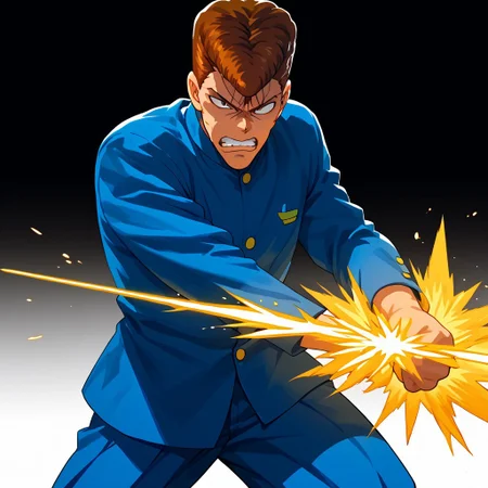 score_9, score_8_up, score_7_up, score_6_up, white background, 1boy, kuwabara, brown hair, male focus, solo, clenched teeth, clenched hands, energy sword, pompadour, gakuran, school uniform, ((fullbody))