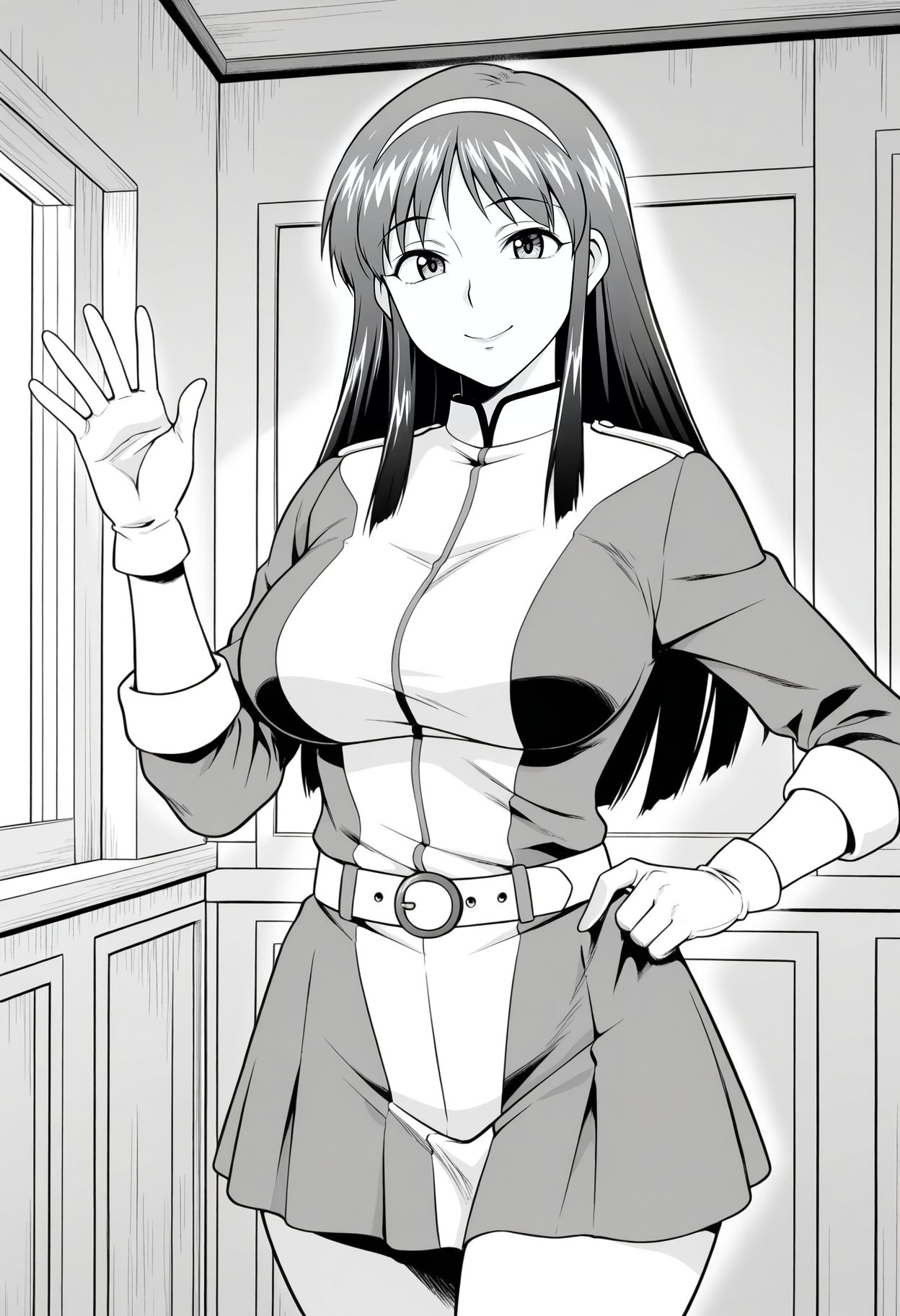 1girl,solo,mm,mature female,long hair,hairband,large breasts,greyscale,monochrome,
uniform,belt,gloves,skirt,hand on own hip, waving, looking at viewer, smile,indoors
,masterpiece,best quality,amazing quality,<lora:Sayaka_Yumi-Mazinger_Angels:0.8>