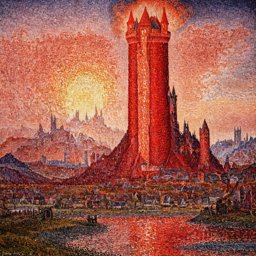 Painting of red Mordor tower lord of the rings AH_Signac<lora:Paul_Signac_Neo-Impressionist_dotted_paintings_Pointillism:1>