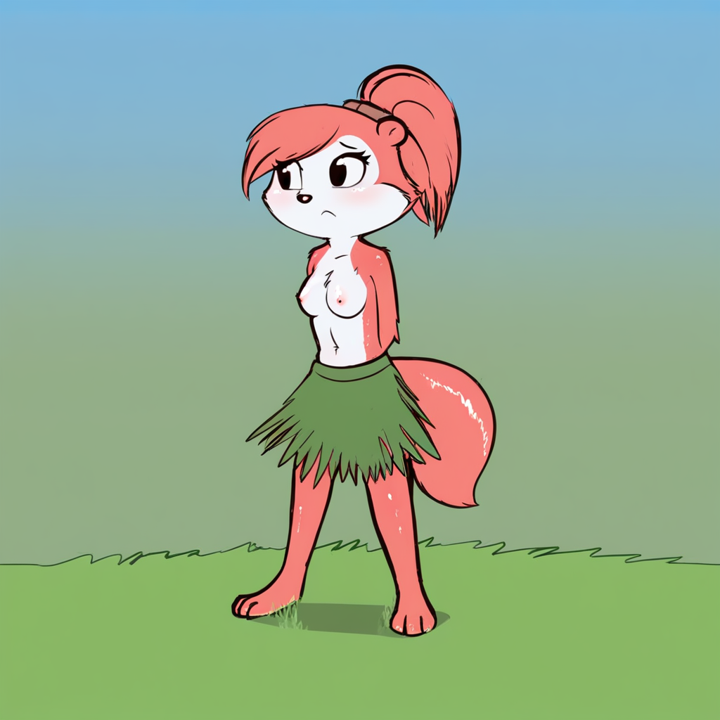 e254e, topless girl, grass skirt, furry