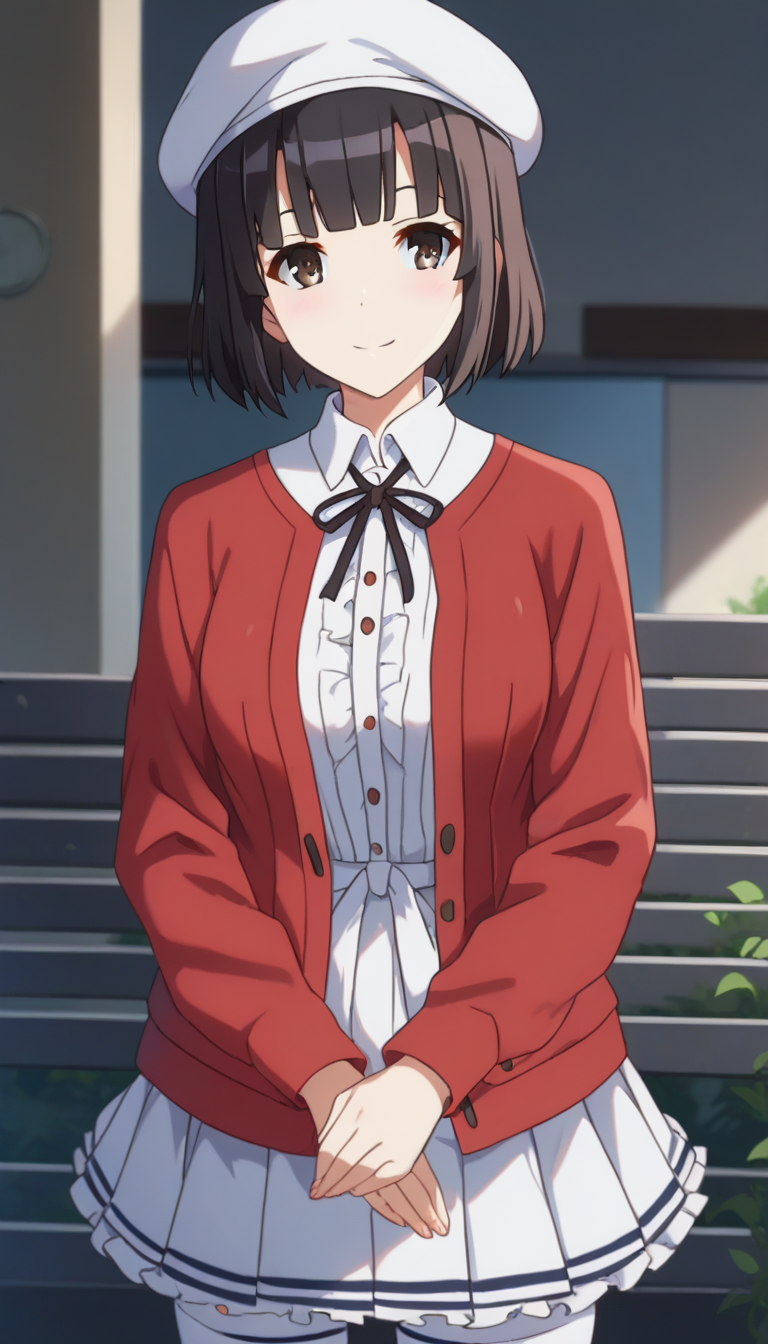 score_9,score_8_up,masterpiece,best quality,correct anatomy,anime_source,1girl,solo,perfect eyes,perfect arms,perfect legs,perfect face,outdoors,upper body,(portrait:1.5),looking at viewer,facing viewer,smile,blush,Kato Megumi,beret,white headwear,short hair,black hair,blunt bangs,brown eyes,red jacket,neck ribbon,black ribbon,white shirt,vertical-striped shirt,miniskirt,white skirt,pleated skirt,frilled skirt,zettai ryouiki,frilled thighhighs,white thighhighs,red footwear,<lora:Kato Megumi(shns)-Pony:1.8>,
