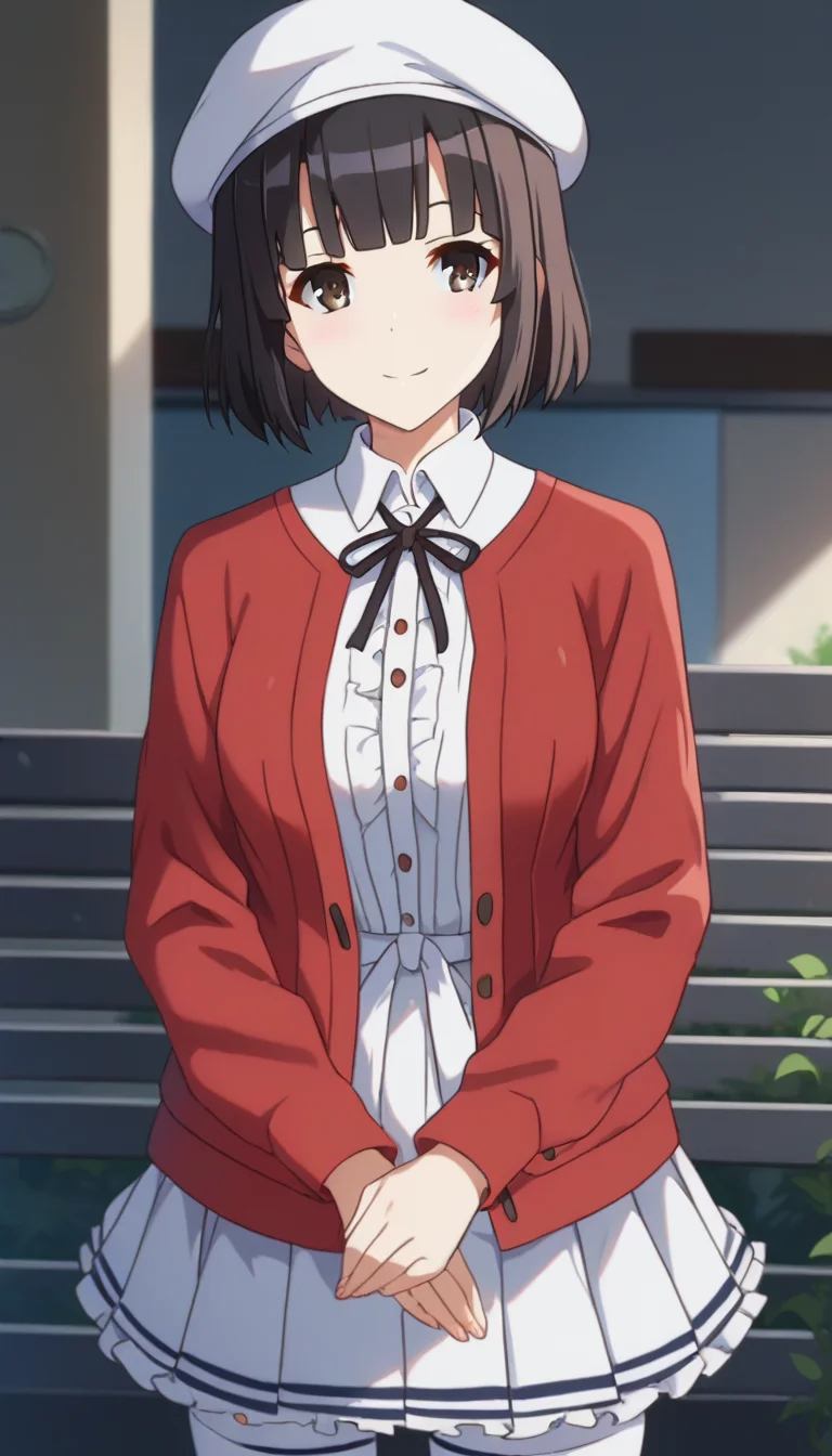 score_9,score_8_up,masterpiece,best quality,correct anatomy,anime_source,1girl,solo,perfect eyes,perfect arms,perfect legs,perfect face,outdoors,upper body,(portrait:1.5),looking at viewer,facing viewer,smile,blush,Kato Megumi,beret,white headwear,short hair,black hair,blunt bangs,brown eyes,red jacket,neck ribbon,black ribbon,white shirt,vertical-striped shirt,miniskirt,white skirt,pleated skirt,frilled skirt,zettai ryouiki,frilled thighhighs,white thighhighs,red footwear,<lora:Kato Megumi(shns)-Pony:1.8>,
