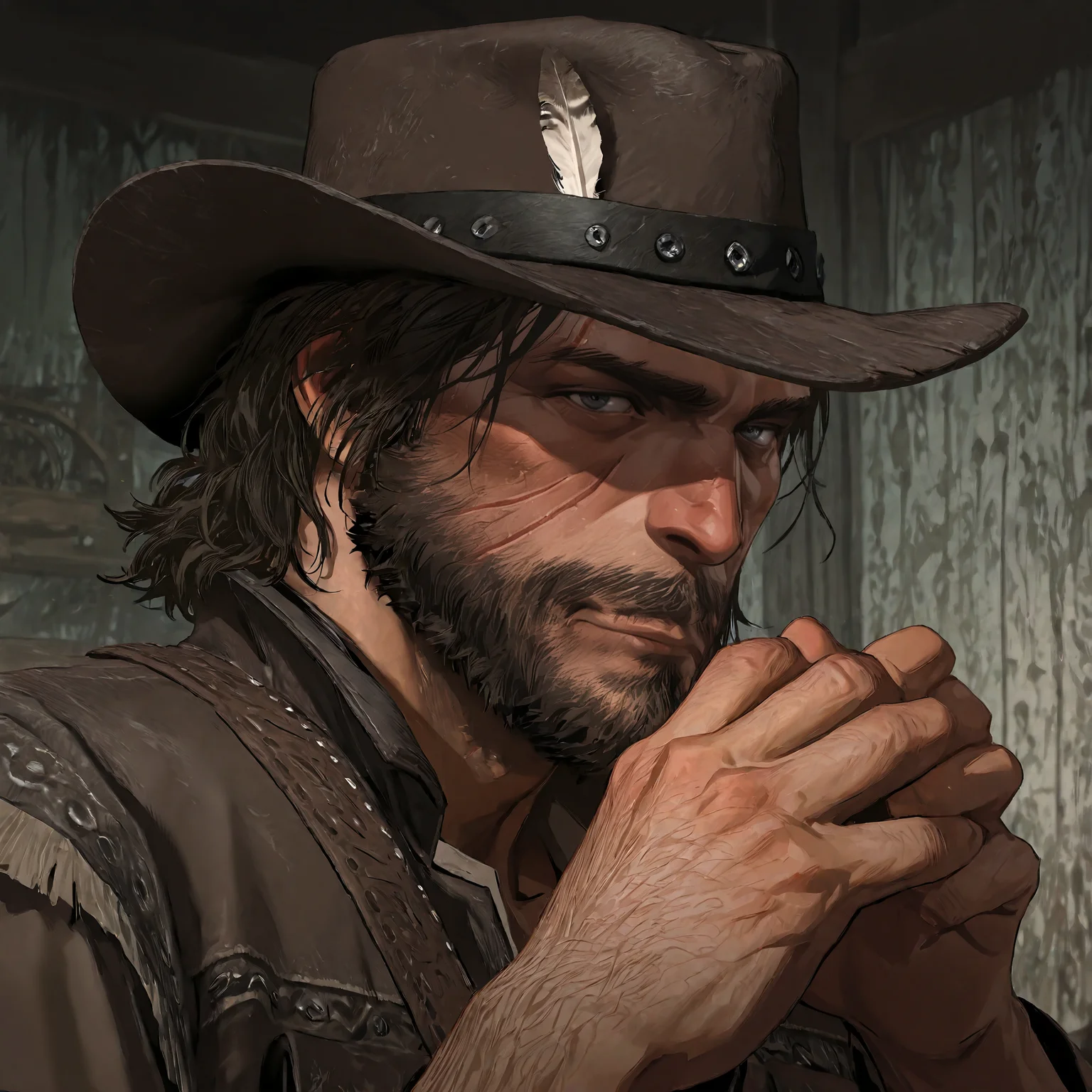 1boy, rdr1j0hnmarston, mature male, unkempt medium dark brown hair, dark grey eyes, scruffy beard, facial scar on right cheek,
dark grey cowboy hat with feather, very close up, head shot,
masterpiece, best quality, absurdres, newest, perfect quality, detailed background, intricate details, perfect hands, 5 fingers hand