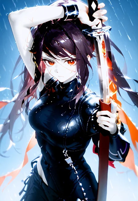 colorvsgrey, monochrome, greyscale, score_9, score_8_up, score_7_up, score_6_up, score_5_up, dark purple hair, 1girl, solo, jill stingray, twintails, red eyes, scar on face, scar, (arm up unsheathing sword), red scabbard, rain, final showdown, orange flames, badly damaged leather armor, intricate background, burning shinto shrine, blue mist, high angle, blue background,