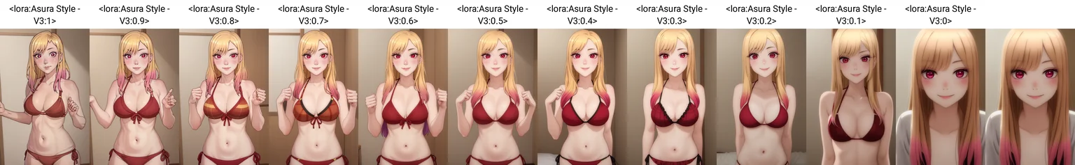 Asura Style, marinkitagawa, masterpiece, 1girl, ((portrait shot)), detailed red eyes, smile, nose, blonde hair, multicolored hair, , closed mouth, looking at viewer, long hair, bikini, background: japanese bedroom, solo, upper body, <lora:Asura Style - V3:1>, <lora:marinkitagawas1-lora-nochekaiser:1>