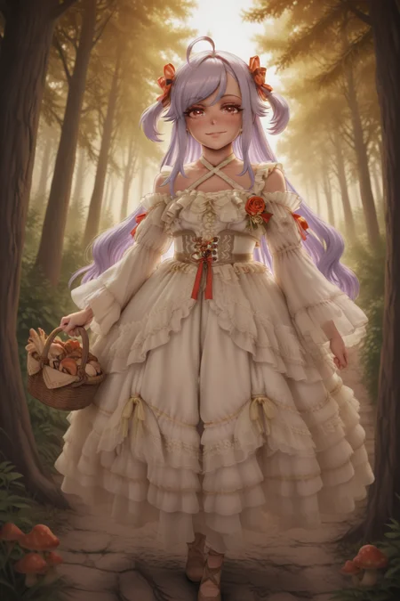masterpiece, best quality, amazing quality, 1girl, solo, makeup, perspective, general, looking at viewer, anime coloring, full body, <lora:Flare_IL:1>, flare, smile, backlighting, blush, outdoors, bright smile, holding basket, mushroom, <lora:Niizuma_Yae_SIRIUS:1>, Niizuma_Yae_SIRIUS, long hair, red eyes, hair bow, red ribbon, purple hair, two side up, ahoge, sidelocks, swept bangs, <lora:white off-shoulder lace ruffled dress1050wa:0.8>, white off-shoulder lace ruffled dress, white dress, white off-shoulder, lace, frills, criss-cross halter, corsage, jewelry, long sleeves, detached sleeves, <lora:wai-2Rectified-V140:1>, <lora:illustrious_noobai_epsilon_pred_1_masterpieces_v1:1>