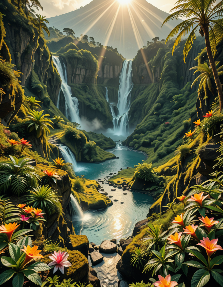 A breathtaking view of an ancient, dormant volcano now transformed into a lush, vibrant natural sanctuary. The crater is filled with dense tropical forests, colorful exotic flowers, cascading waterfalls, and mist swirling gently in the morning light. Vines and moss cover the dark volcanic rocks, and small streams wind down the slopes. while rays of sunlight pierce through the dense canopy, creating sparkling reflections on the water. The atmosphere feels peaceful, enchanted, and untouched by humans. The scene is depicted in an ultra-detailed, hyper-realistic style, with warm, soft lighting and rich, saturated colors that enhance the magical and serene mood of the landscape.
<lora:SDXLFaeTastic2400:0.4> <lora:extremely_detailed:0.4> extremely detailed,dormant v0lc4n0, <lora:dormant_v0lc4n0-i:1>, Masterpiece,best quality,hi res,8k,hi res,8k,award winning,(sharp focus, intricate, highly detailed),