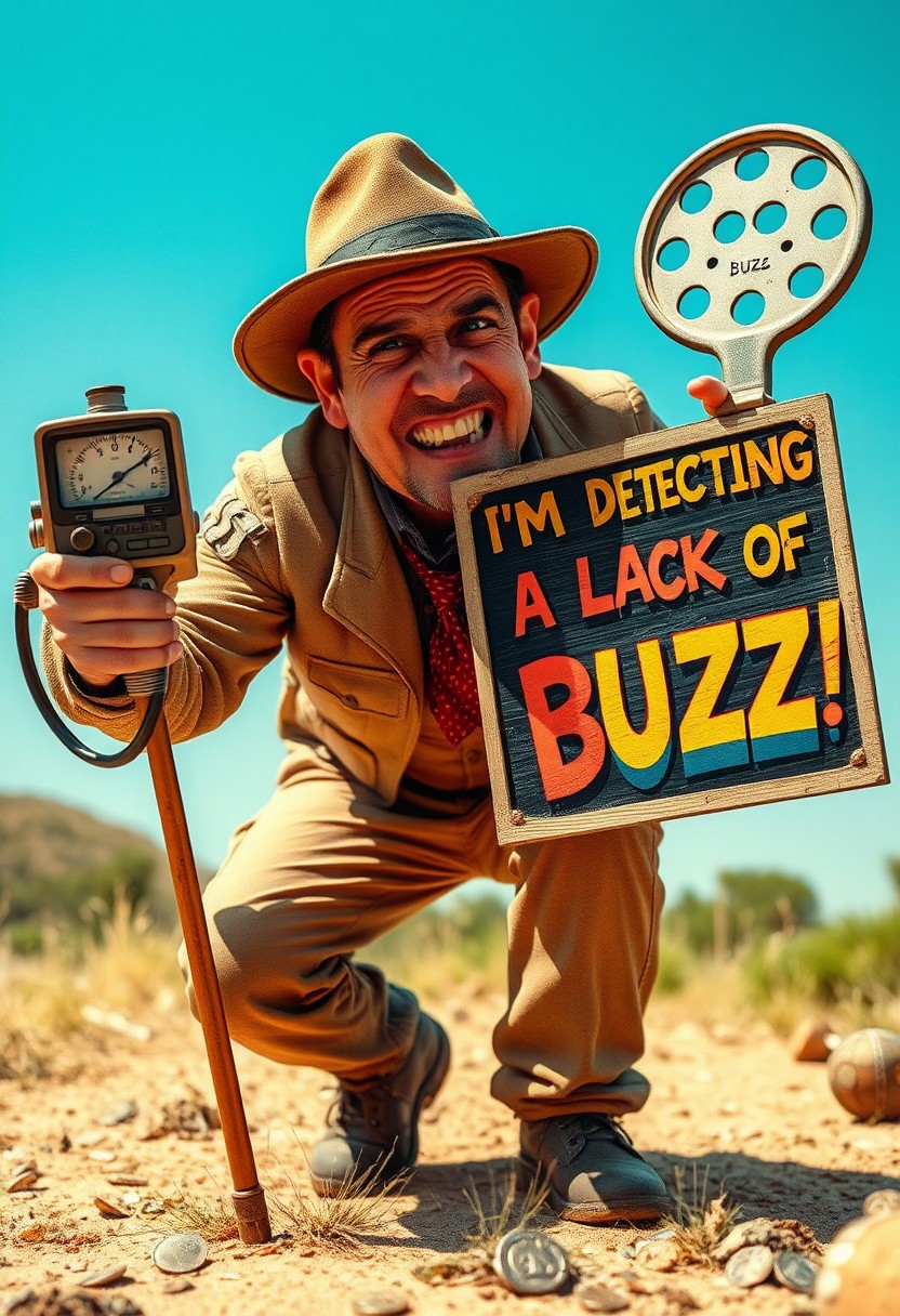 A hyper-stylized image of a person, dressed in a comically exaggerated, treasure-hunting outfit, using a metal detector in one hand and holding a sign in the other that reads "I'm detecting a lack of buzz, please help!" in bold, colorful letters. The metal detector, a vintage-style device with flashing lights and spinning dials, is being used to scan the ground, but instead of finding treasure, the person is searching for elusive buzz. The person's face is contorted in a mixture of determination and desperation, as if they're willing to do whatever it takes to find that elusive buzz. The background is a bright, sunny day, with a few scattered coins and other treasure hunt-style props, adding to the comedic effect. The overall effect is one of humorous, satirical commentary on the modern obsession with buzz and social media. highest-Quality, intricate details, visually stunning, Masterpiece