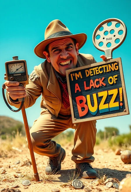 A hyper-stylized image of a person, dressed in a comically exaggerated, treasure-hunting outfit, using a metal detector in one hand and holding a sign in the other that reads "I'm detecting a lack of buzz, please help!" in bold, colorful letters. The metal detector, a vintage-style device with flashing lights and spinning dials, is being used to scan the ground, but instead of finding treasure, the person is searching for elusive buzz. The person's face is contorted in a mixture of determination and desperation, as if they're willing to do whatever it takes to find that elusive buzz. The background is a bright, sunny day, with a few scattered coins and other treasure hunt-style props, adding to the comedic effect. The overall effect is one of humorous, satirical commentary on the modern obsession with buzz and social media. highest-Quality, intricate details, visually stunning, Masterpiece