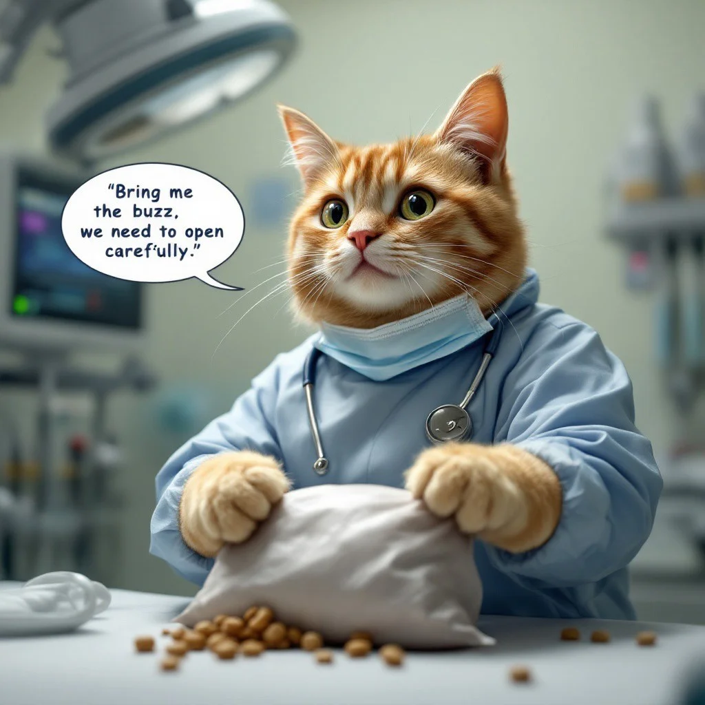 Wide filed of view, detailed environment Hyper realistic cat wearing a medical suit at a surgery table, there's a bag o cat food over it, he's wearing a medical mask, he's into the hospital, wearing gloves on his paws that bulge the paw pads. He said in a speech bubble: “Bring me the buzz, we need to open carefully”