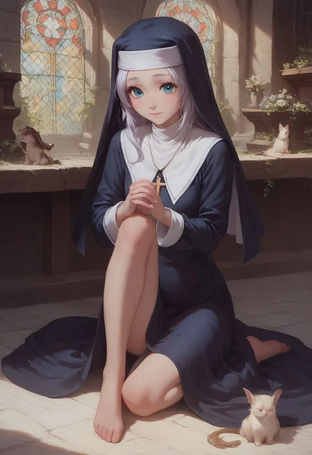 score_9, score_8_up, score_7_up, maria, nun,1girl, long hair, detailed blue eyes, cute, adorable, innocent, full body shot, detailed, pure, soft, sitting