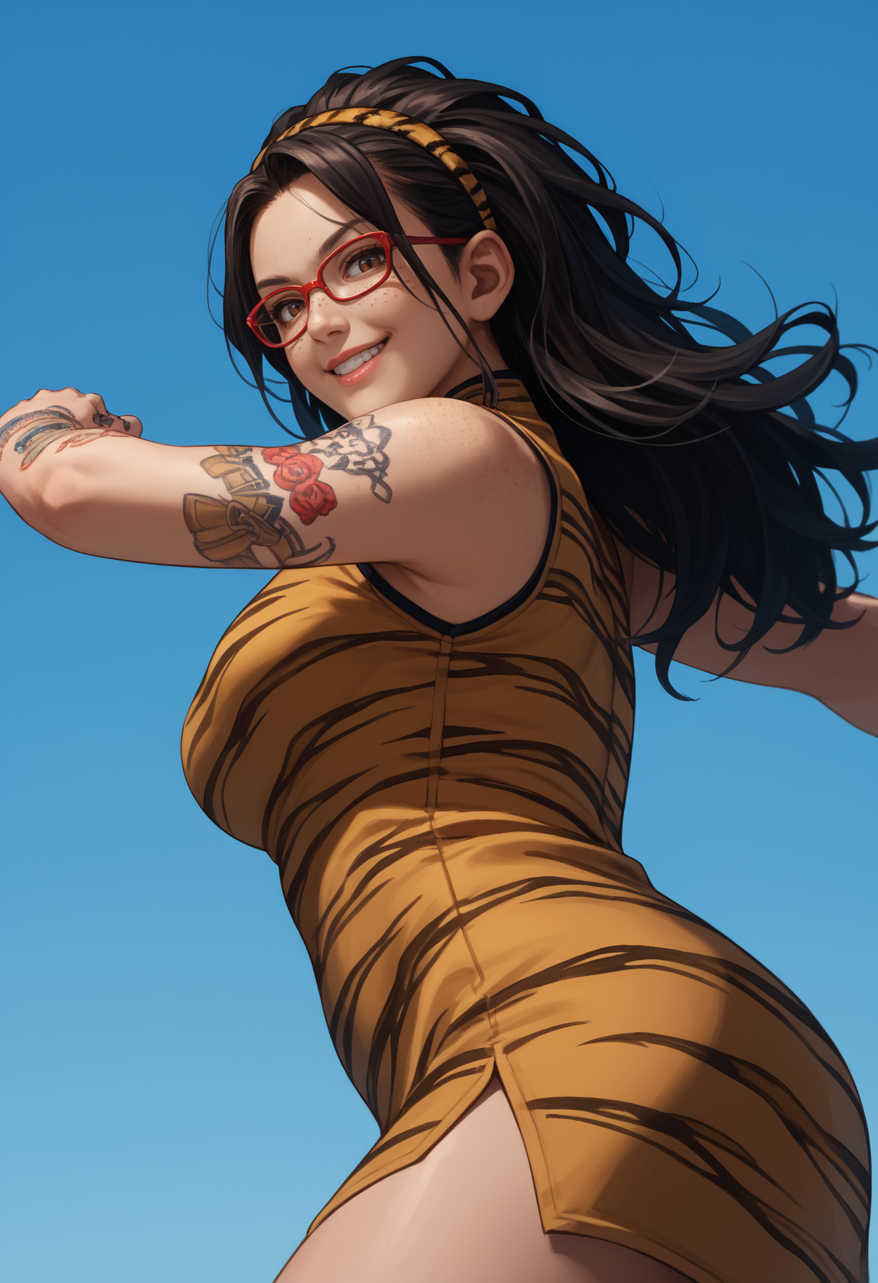 score_9, score_8_up,score_7_up, source_anime, 1girl, solo, <lora:DMCNC_pdxl_EliPot:1> Ncltt, mature female, 
black hair, long hair, brown eyes, glasses, red-framed eyewear, plaid hairband, freckles, 
arm tattoo, hand tattoo, nail polish, 
 china dress, tiger print, from side, blue sky, smile, looking at viewer, fighting stance, from below, serious,
