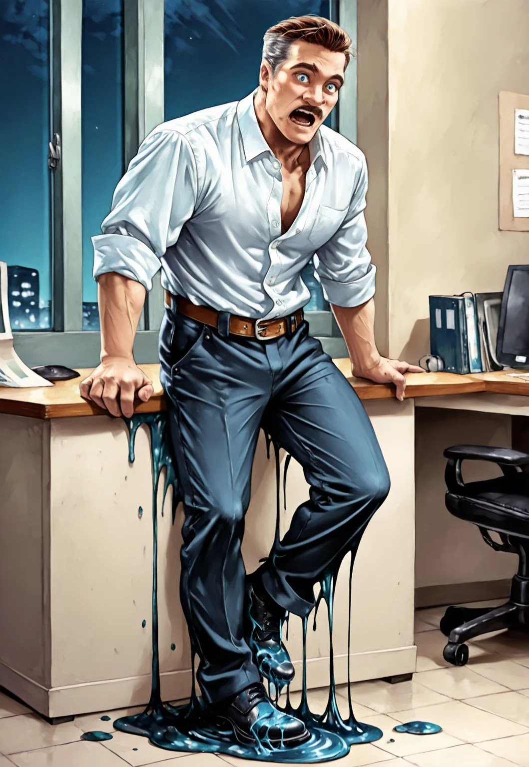 safe_pos, safe_pos, score_9, score_8_up, score_7_up, score_6_up, masterpiece, photorealistic, best quality, detailed eyes, detailed face, face_focus, (solo, full body in frame, J. Jonah Jameson transformation into venom, mid transformation, standing, foot raised up, dynamic pose, stepping in slime, slime stuck to shoe), (office, desks, window, nighttime, floor covered in black slime, dress shirt, pants, belt, Blue eyes, brown hair, gray hair on sides, mustache), muscular male, realistic,(wide open eyes, mouth wide open, shocked, scared, alarmed),