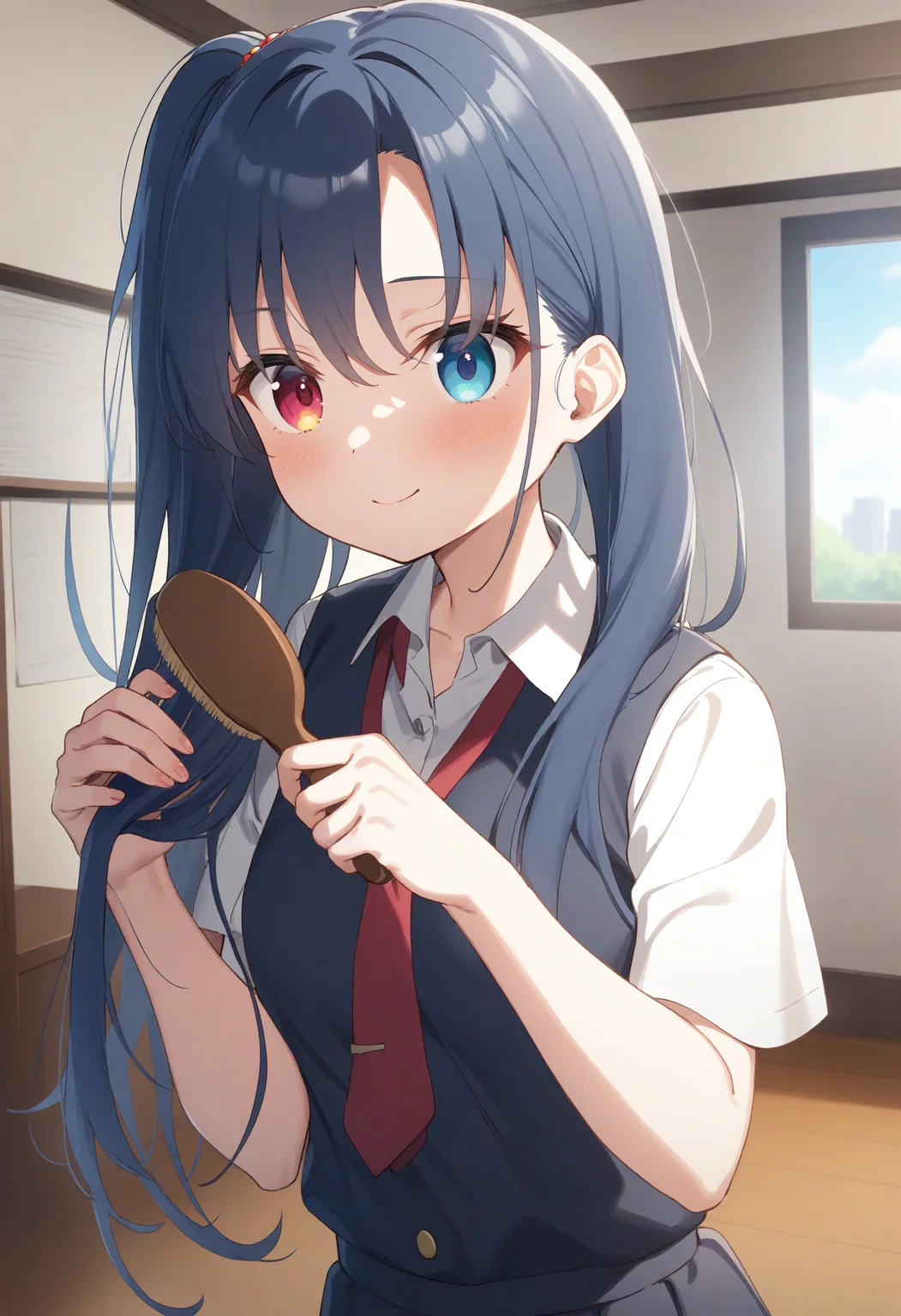 1girl,sincos, ningen mame, toosaka asagi,solo,medium breasts,school uniform,
brushing hair,hair brushing,hair brush,indoors, <lora:brushinghair_XL_v1:0.8>
from side, fisheye lens, looking ahead, blue hair, heterochromia,archaic smile, closed mouth, front ponytail hair,,
best quality, very aesthetic, absurdres