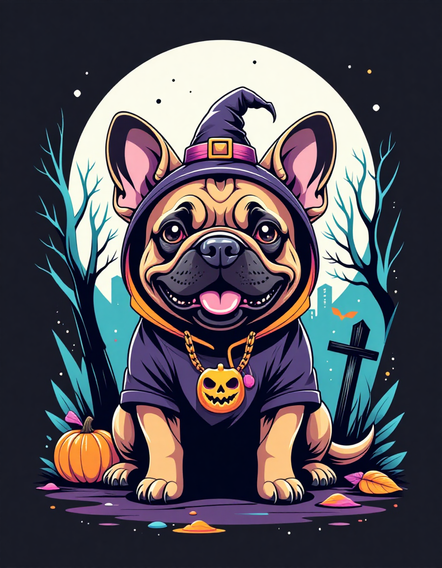 tshirt design, french bull dog in a Halloween costume, graveyard with a full moon in the style of 5h1rt