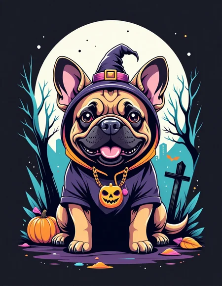 tshirt design, french bull dog in a Halloween costume, graveyard with a full moon in the style of 5h1rt